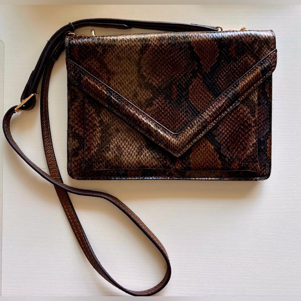 Crossbody Bag with Brown faux Python Snakeskin Print and Flap Closure